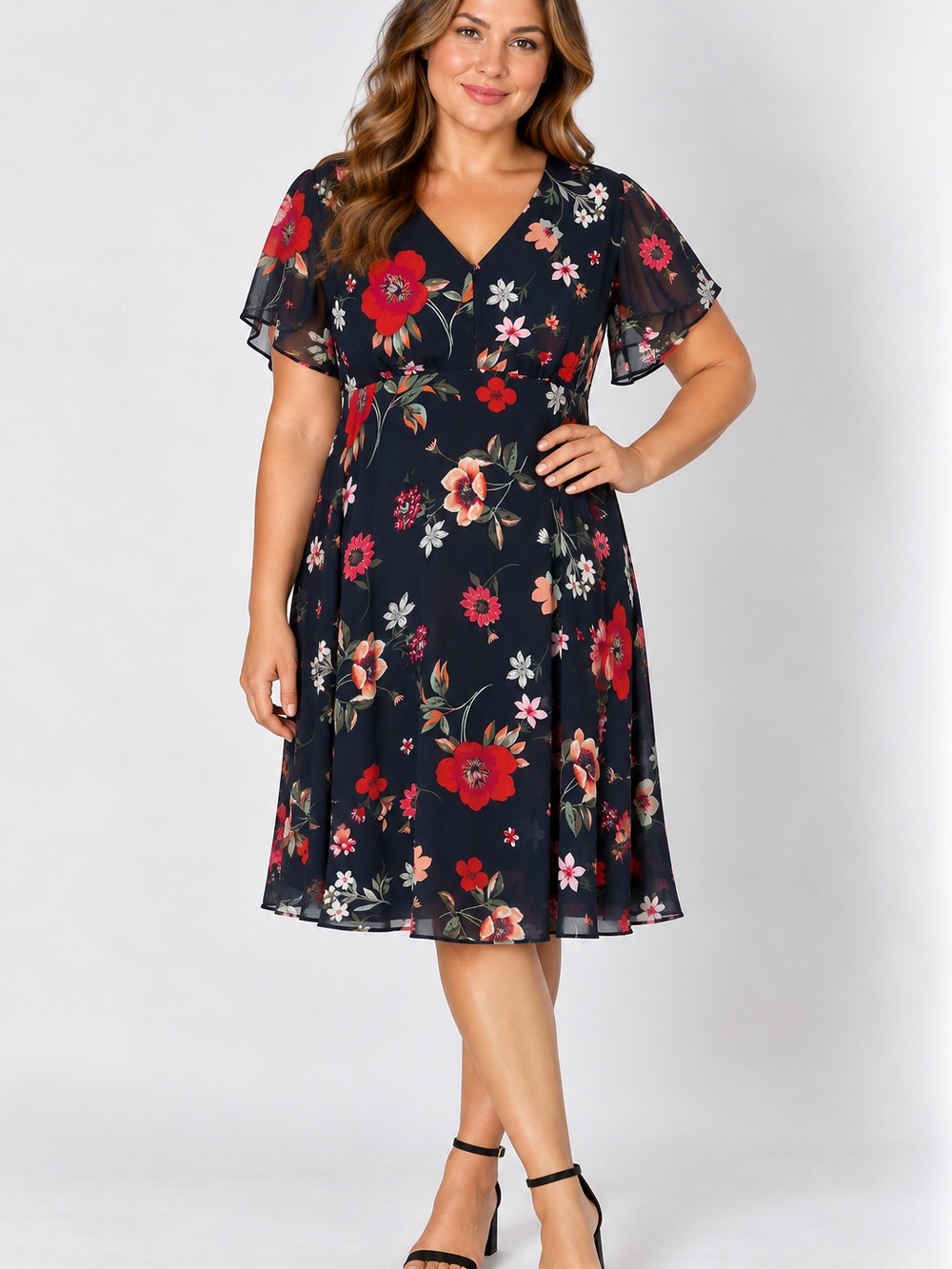 Calvin Klein Women's Printed Chiffon Tulip-Sleeve Knee-length Dress